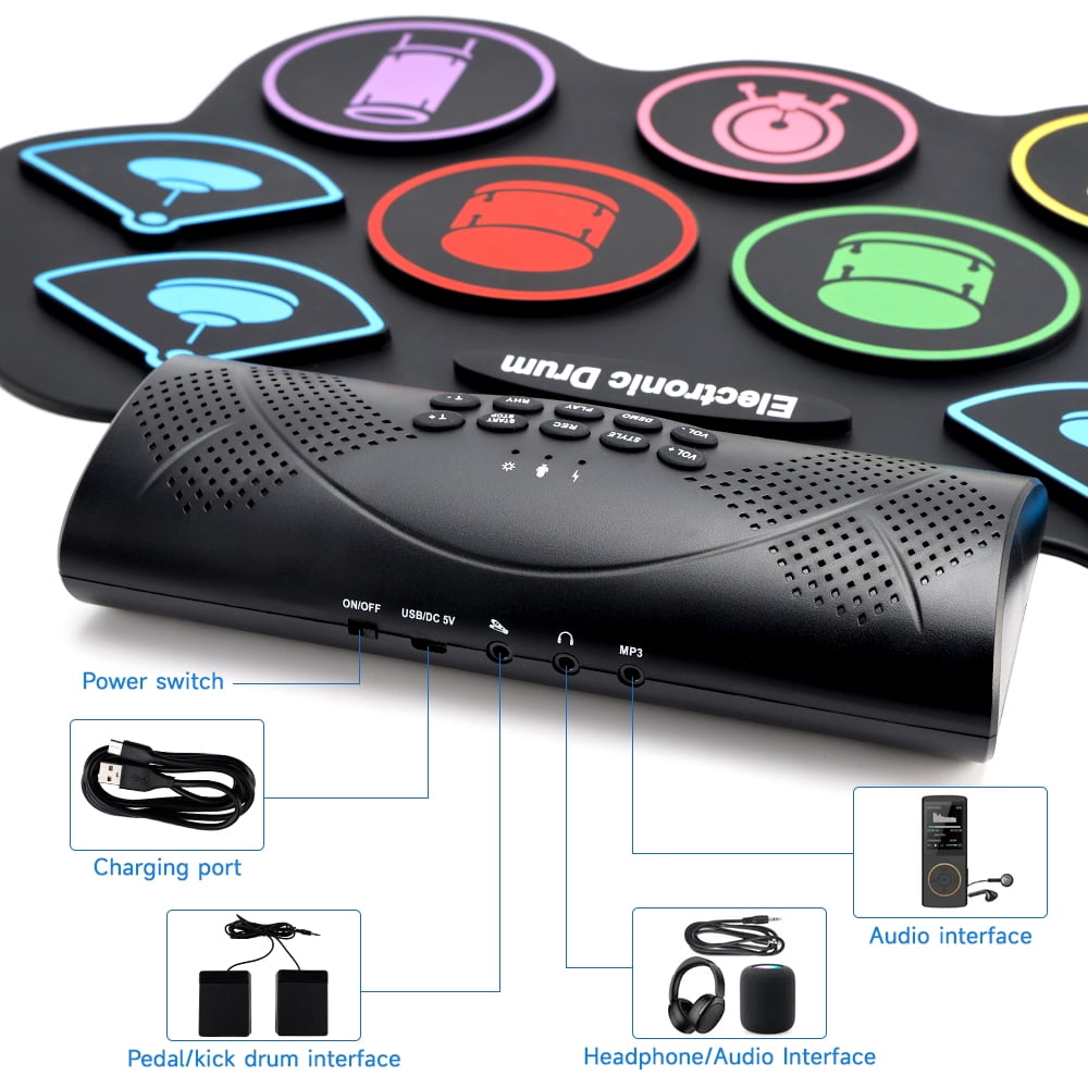 VIPQV Electronic Drum Set, 9-Drum Practice Pad with Headphone Jack, Hand-roll Drum Kit Machine with Built-in Speaker Drum Pedals and Sticks 10 Hours Playtime, Great Gift for Beginners