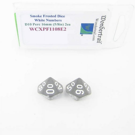 Smoke Frosted Dice with White Numbers D10 Perc Aprox 16mm (5/8in) Pack of 2 Wondertrail