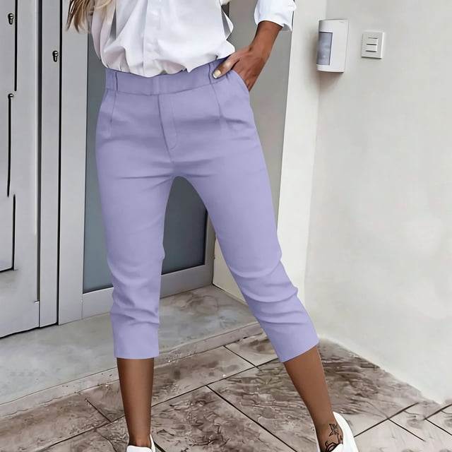 TaTaai Women's 7/8 Length Suit Pants Straight Leg Design with Double Side Pockets and Elastic Waistband Solid Color Casual Professional Trousers Gift