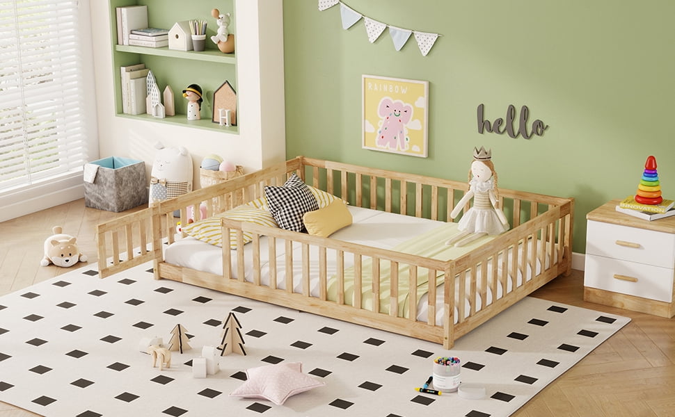 Natural Rubber Wood Full Size Kids Floor Bed with Surround Safety Fence & Access Door, 7 Wood Slats Platform Bed Holds 400LBS Fits ≤6 Inch Mattress No Box Spring Needed