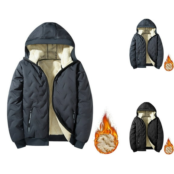 Men's Loose Fit Lined Winter Coat Active Jacket Stand Collar Hooded Warm Jacket Warm Winter Parka Padded Outwear with Hood (Black, L)