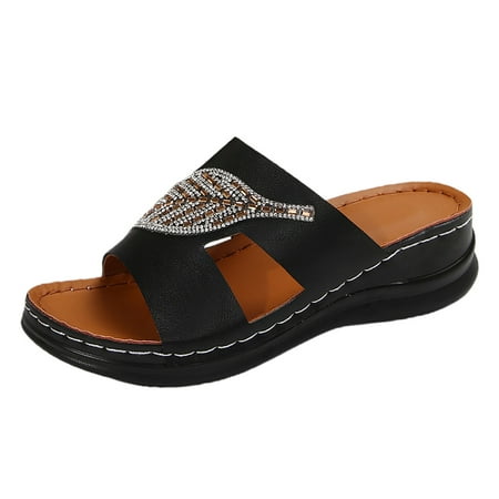 

Liaosiiii Women s Slope Heel Thick Bottom Rhinestone Large Size Slippers Sandals