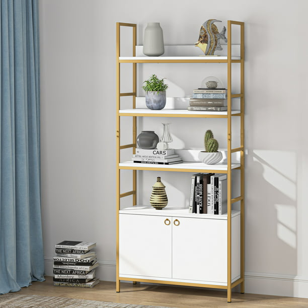 Tribesigns Gold Bookcase With Doors 4, White Home Office Bookcase