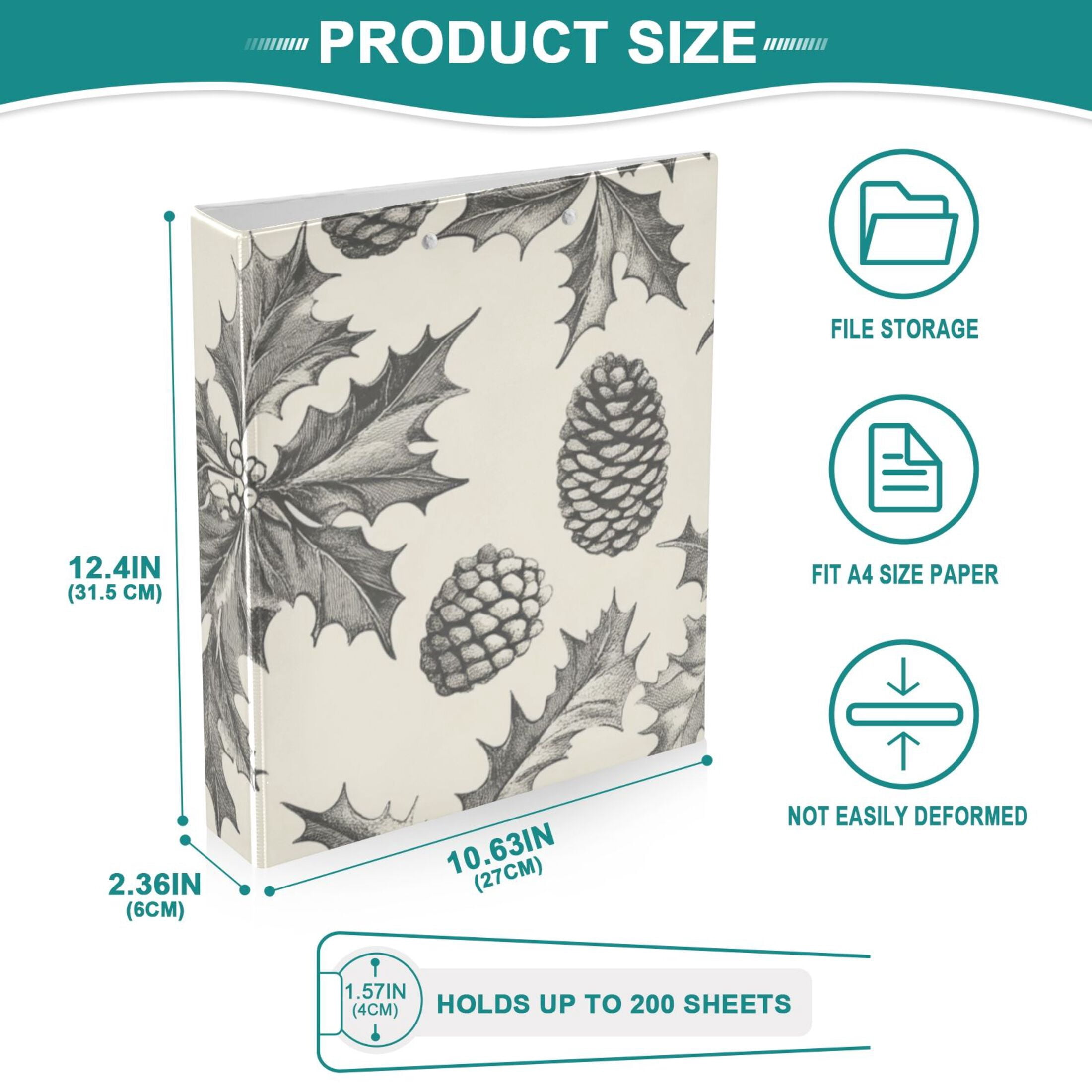 Winter Pines Leaves 3 Ring Binders 1.5 inch Hardcover File Folders with Interior Pockets A4 Size Organizer for School Office Hospital