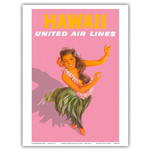 Hawaiian Hula Dancer - United Air Lines - Vintage Hawaiian Travel Poster by Stan Galli c.1960s - Master Art Print (Unframed) 9in x 12in