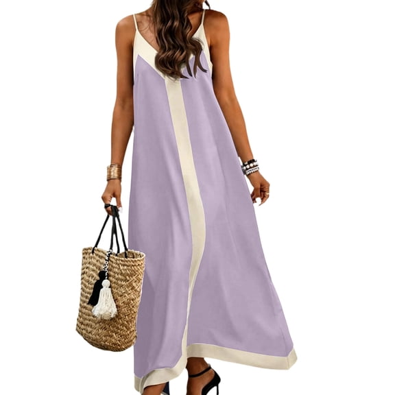 aohooy Women's Summer Spaghetti Straps Sundress Casual Sleeveless Color Block Long Slip Dress Flowy Boho Beach Maxi Dresses 2026 Purple,S