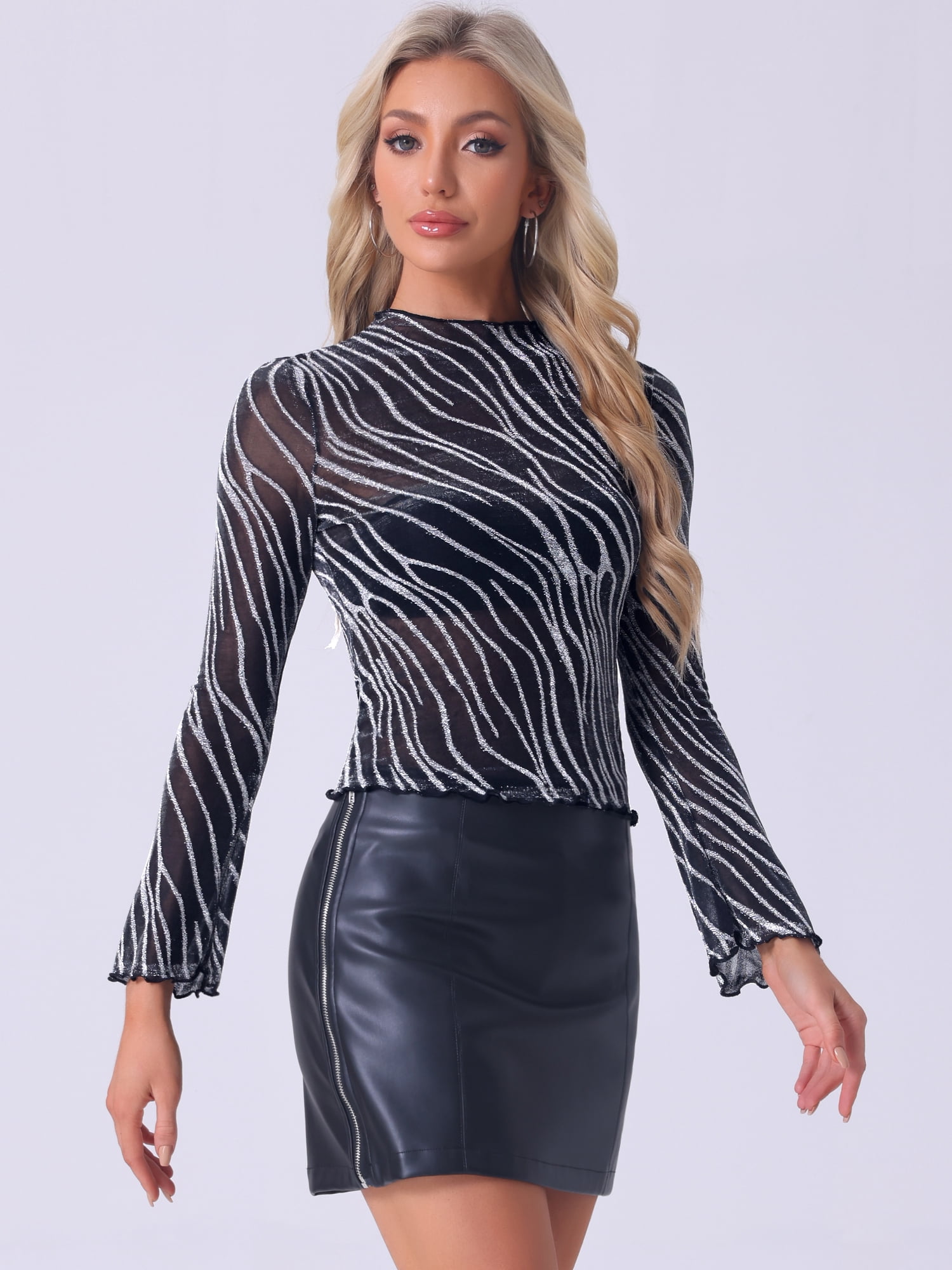 DARING DIVA Women's Glitter Mesh Mock Neck See Through Blouse L Silver