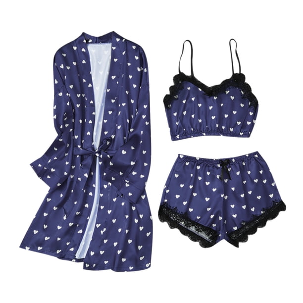 3 uds traje de lencería mujer encaje Patchwork seda satén tentación Babydoll ropa interior ropa interior ropa de dormir pantalones cortos + camisón + camisón Fridja nalpqowj42694