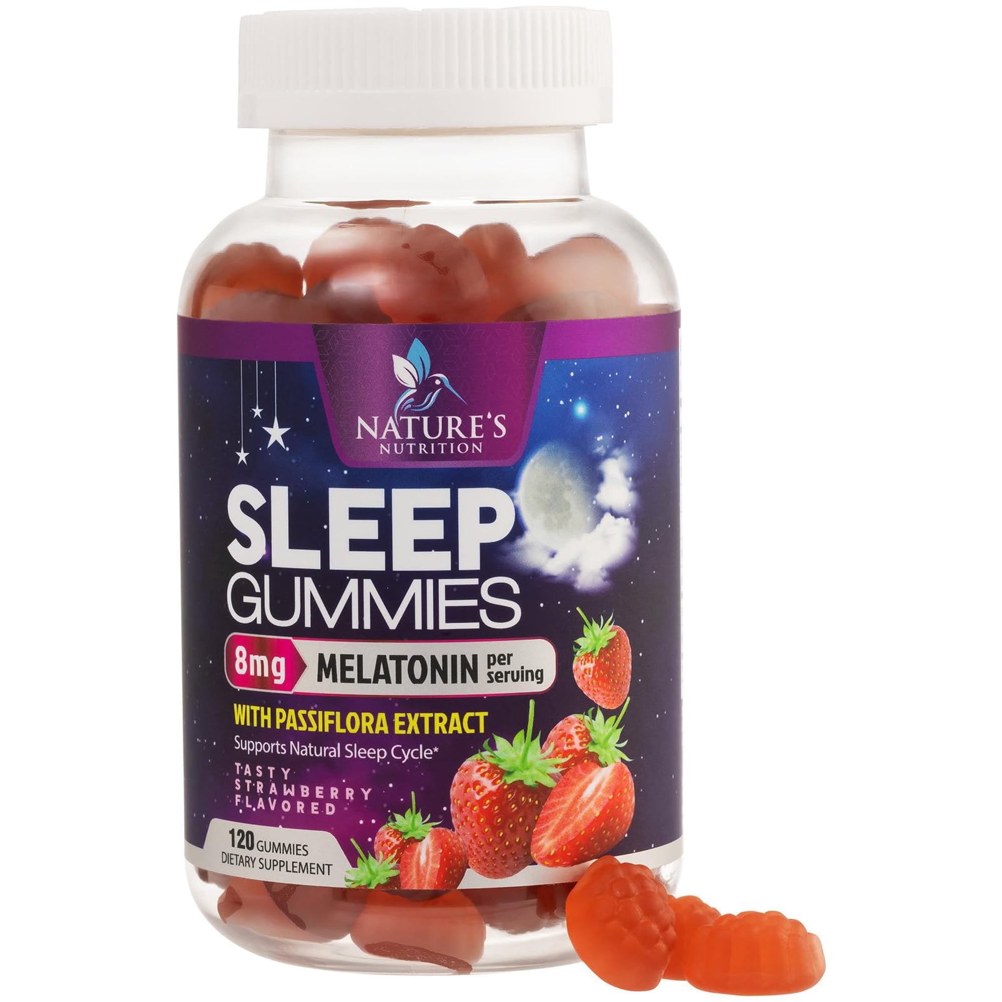 Sleep Gummies - 8mg Melatonin Per Serving - With Passiflora Extract for Restful Sleep - Fast Acting Melatonin Sleep Gummy Supplement for Adults, Vegan, Non-GMO, Tasty Strawberry Flavor - 120 Gummies