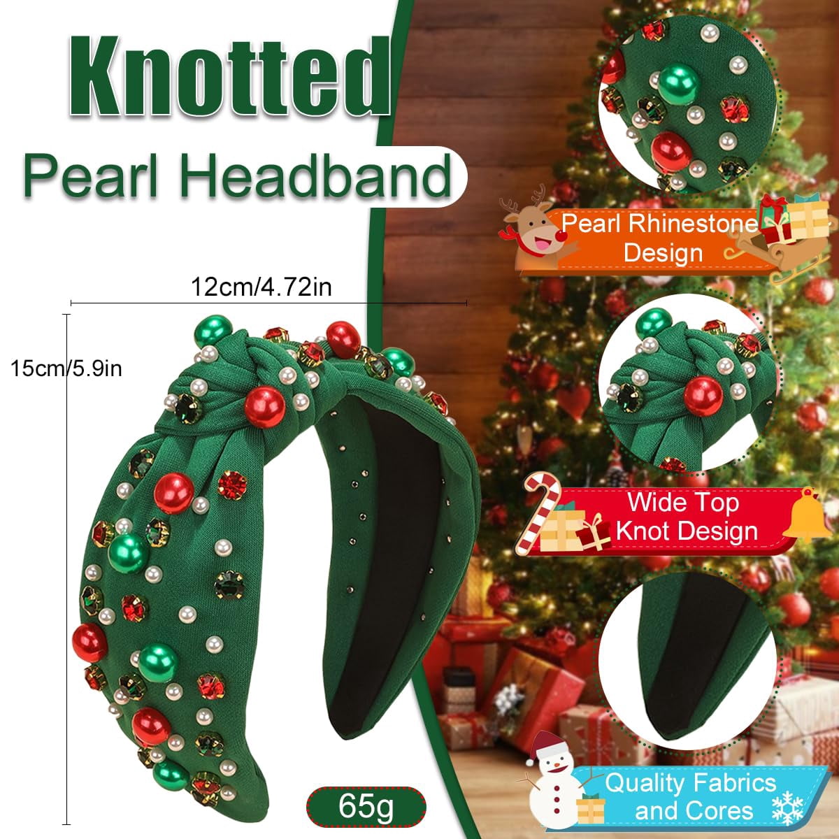 Christmas Headband for Women, Xmas Pearl Knotted Rhinestone 