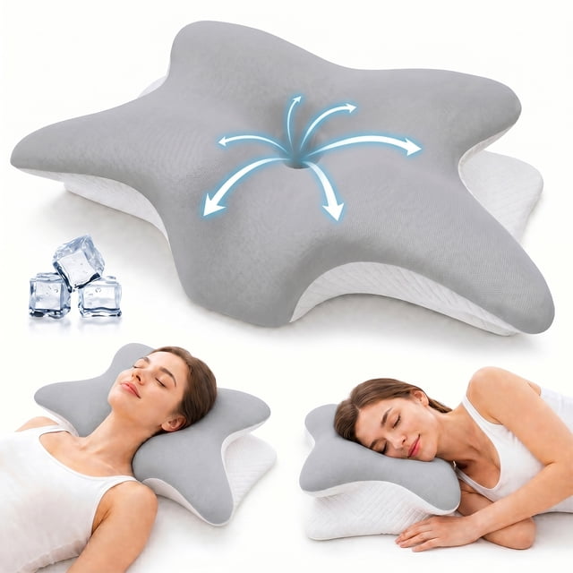 Almohada Cervical Ergonómica de Espuma Viscoelástica, Diseño Multizona con Doble Altura para Dolor de Cuello, Dormir de Lado/Boca Arriba/Abajo, Funda Lavable, Gris