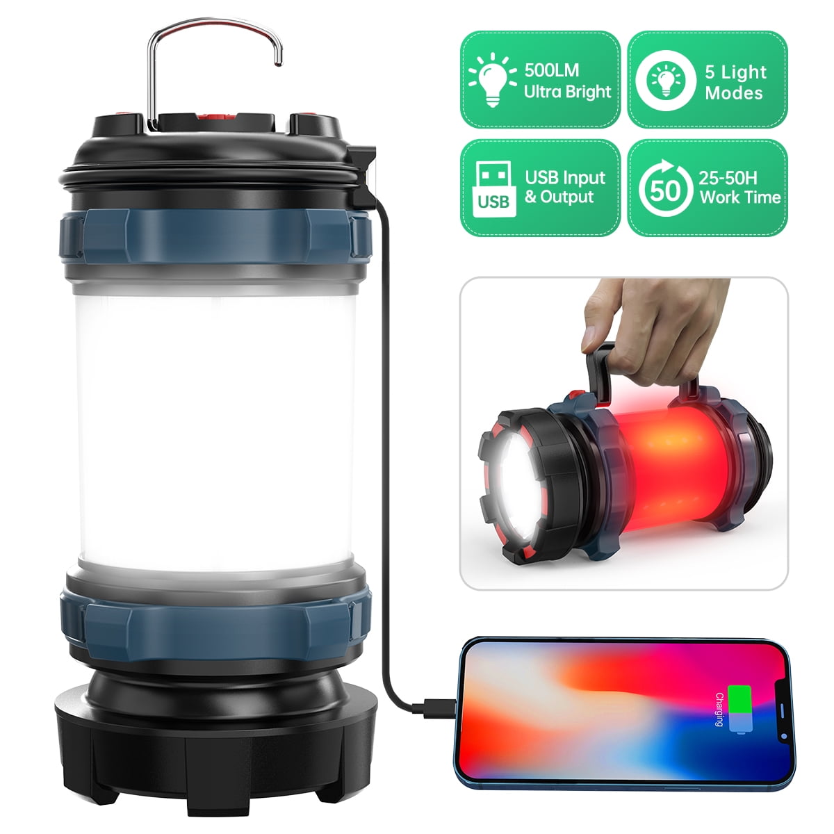 LED Camping Lantern Rechargeable Portable Tent Light Power Bank Phone Charger