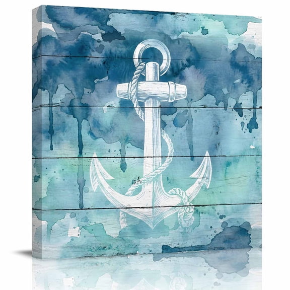 Wall Art Prints, Teall Blue Nautical Framed Canvas Prints for Bedroom Living Room Bathroom Office, Coastal Ocean Anchor Wooden Grain Gallery Wrap Wall Art Poster for Gifts Home Decor 16"x16"