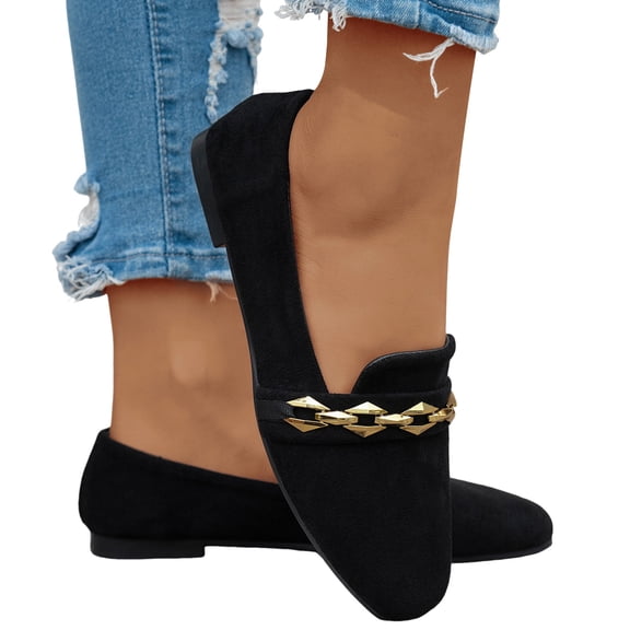 Rokment Womens Dressy Shoes 2026 Stylish Casual Metallic Chain Suede Low Heels Business Office Work Formal Flat Comfortable Walking Slip on Loafers Fall Black Size 6