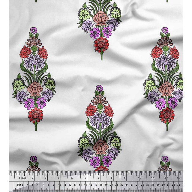 Soimoi Rayon Fabric Leaves & Floral Block Printed Craft Fabric by The Yard 42 Inch Wide