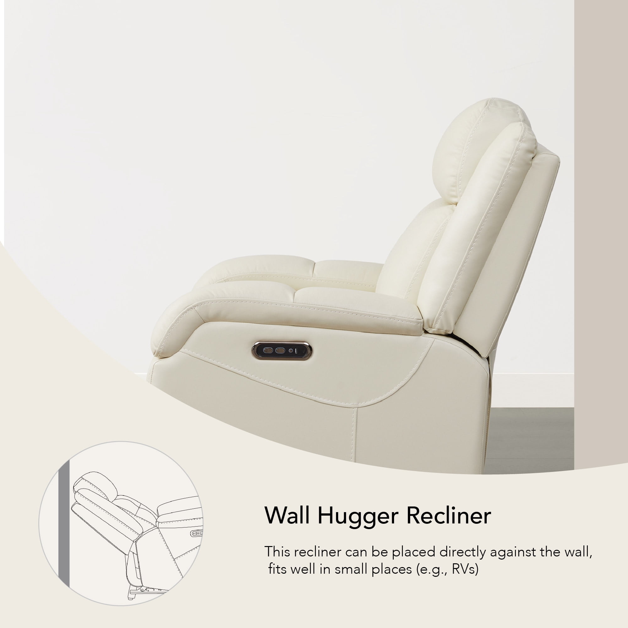 Spruce & Spring Genuine Leather Wall Hugger Power Recliner with Dual Motors, Cream-Medium