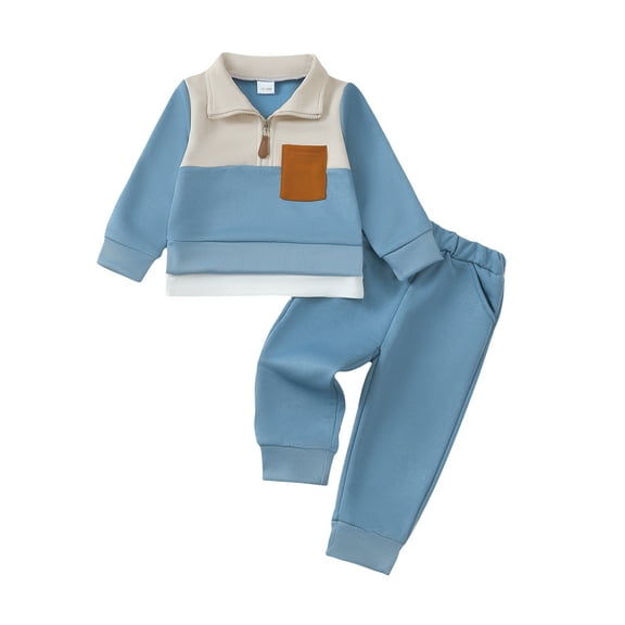 KIMI BEAR 4T Toddler Boys Outfit Sets 5T Kid Clothes Winter Warm Outwear Long Sleeves Color Block Pullover Sweatshirt Zipper Top Solid Color Pants Set 2pcs Clothing Blue