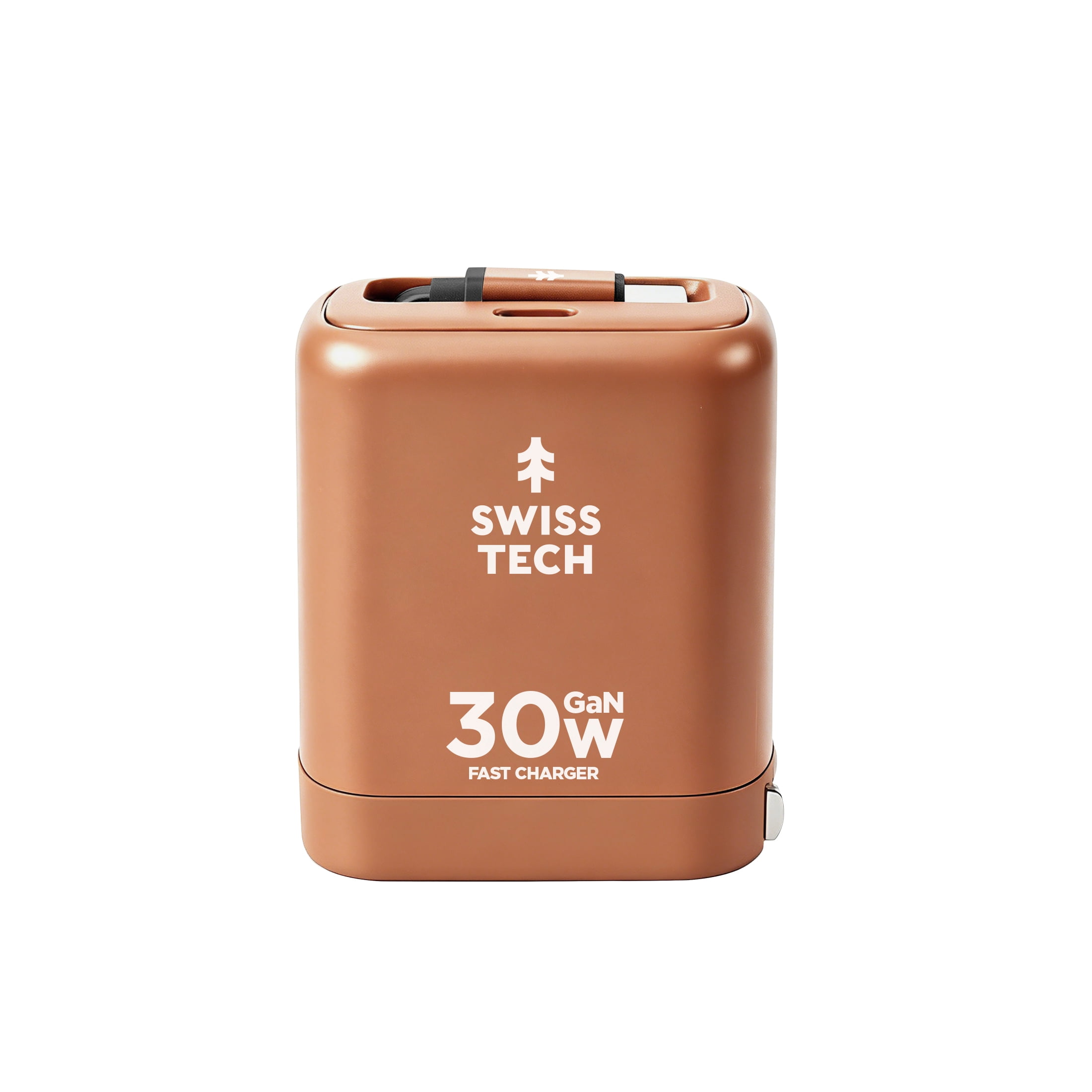 Swiss Tech Mussen 30W USB-C Wall Charger with Retractable Cable, Fast PD Charging, Terra Orange