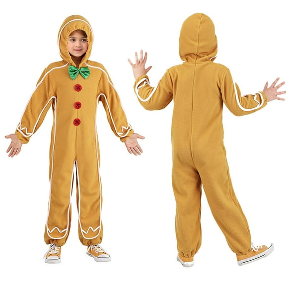 Gingerbread Onesie Kids Christmas Outfit Boy Girl Cosplay Hooded Jumpsuit