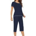 thumbnail image 4 of successthop Womens Matching Lounge Set with Pants Solid Color Crewneck Short Sleeve Shirts and Capris Pants Basic Travel Pajamas Lounge Set Loungewear Summer Outfits, 4 of 5