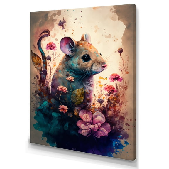 Designart Cute Mouse Floral Art Canvas Wall Art