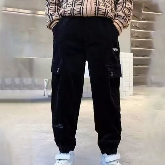 Boys Winter Warm Sherpa Lined Sweatpants Jogger Cargo Pants Youth Kids Elastic Waist Casual Jogging Trousers with Pockets Black 6 Years