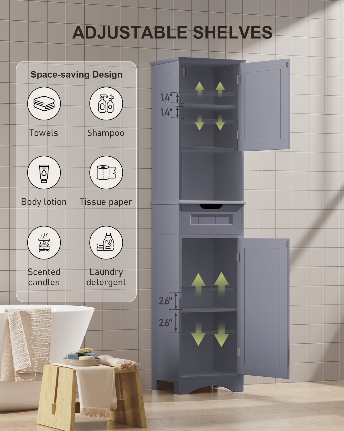 Aiho 67.2"H 2-Door Storage Cabinet – with Adjustable Shelves, Universal for Bathroom, Kitchen & Living Room Grey