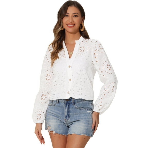 DARING DIVA Women's Puff Sleeve V Neck Hollow Out Blouse XS White