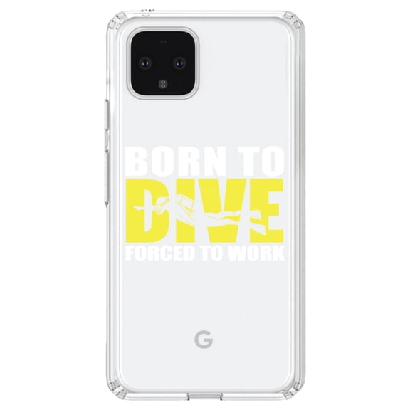 DistinctInk Clear Shockproof Hybrid Case for Google Pixel 4 (6.1" Screen) - TPU Bumper Acrylic Back Tempered Glass Screen Protector - Born to Dive, Forced to Work