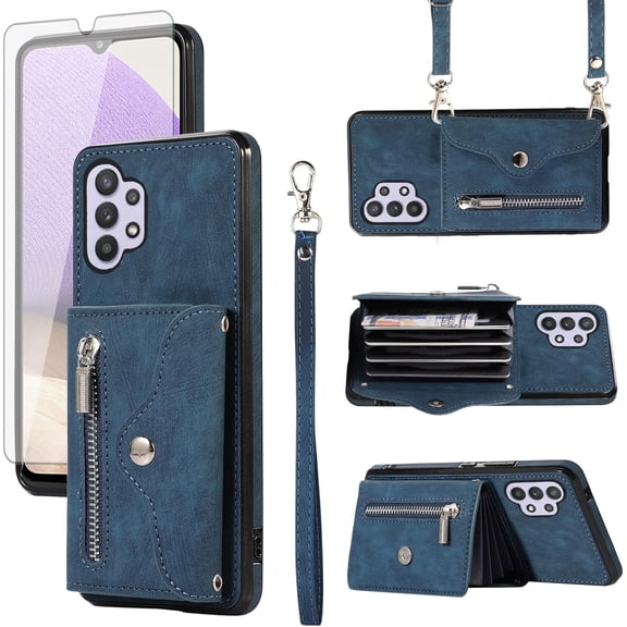 MYKOMI Phone Case for Samsung Galaxy A32 5G 2021 6.5 inch Wallet Cover with Wrist Crossbody Strap Lanyard Credit Card Holder Stand Leather Cell Accessories M32 G5 A 32 32A S32 SM-A326U A326U Women
