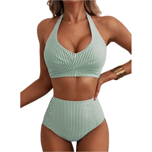Women's High Waisted 2 Piece Bikini Sets Halter Swimsuits Striped Bathing Suit Beach Swimwear 2026 Green 2XL