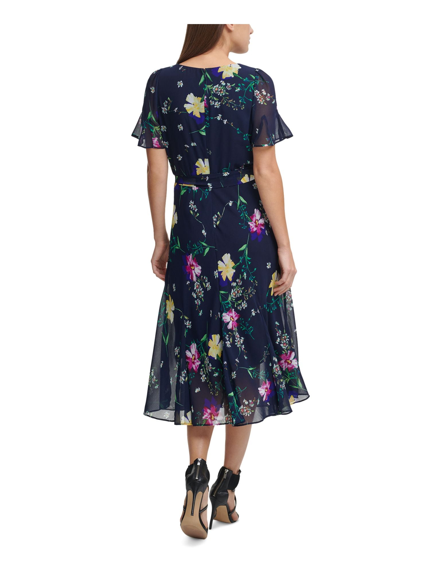 DKNY Womens Blue Zippered Sheer Tie Belt Lined Floral Flutter Sleeve Round  Neck Midi Fit + Flare Dress Petites 6P