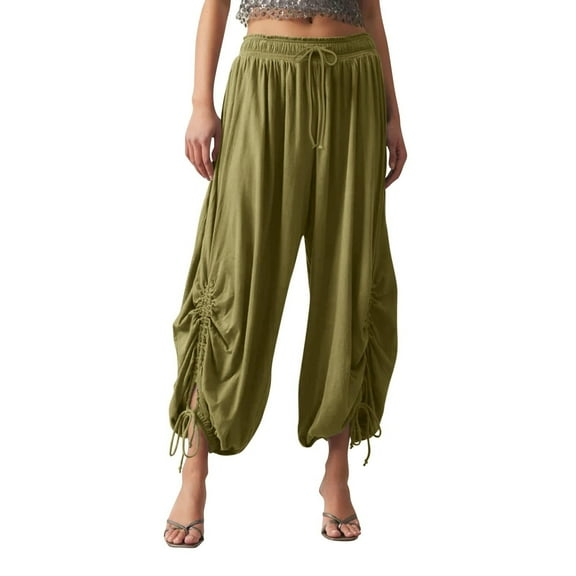 REALiKUN Womens Boho Wide Leg Loose Pants Cropped Rayon Summer Beach Pants Smocked Waist Palazzo Pants