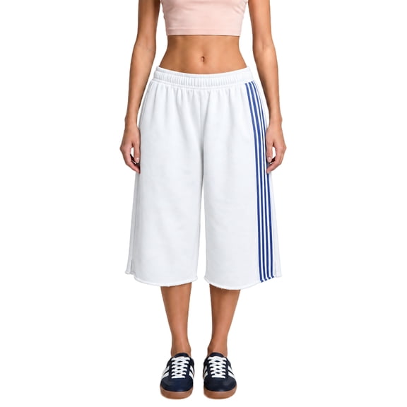 Women’s Side Stripe Elastic Waist Long Bermuda Sweat Shorts Loose Wide Leg Mid‑Calf Cropped Capri Shorts Casual Streetwear L