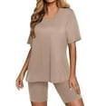 thumbnail image 2 of Jerdar Women Casual 2 Piece Short Sets Summer Outfits Short Sleeve Round Neck Biker Shorts Set Cycling Leisure Suit Khaki M, 2 of 5