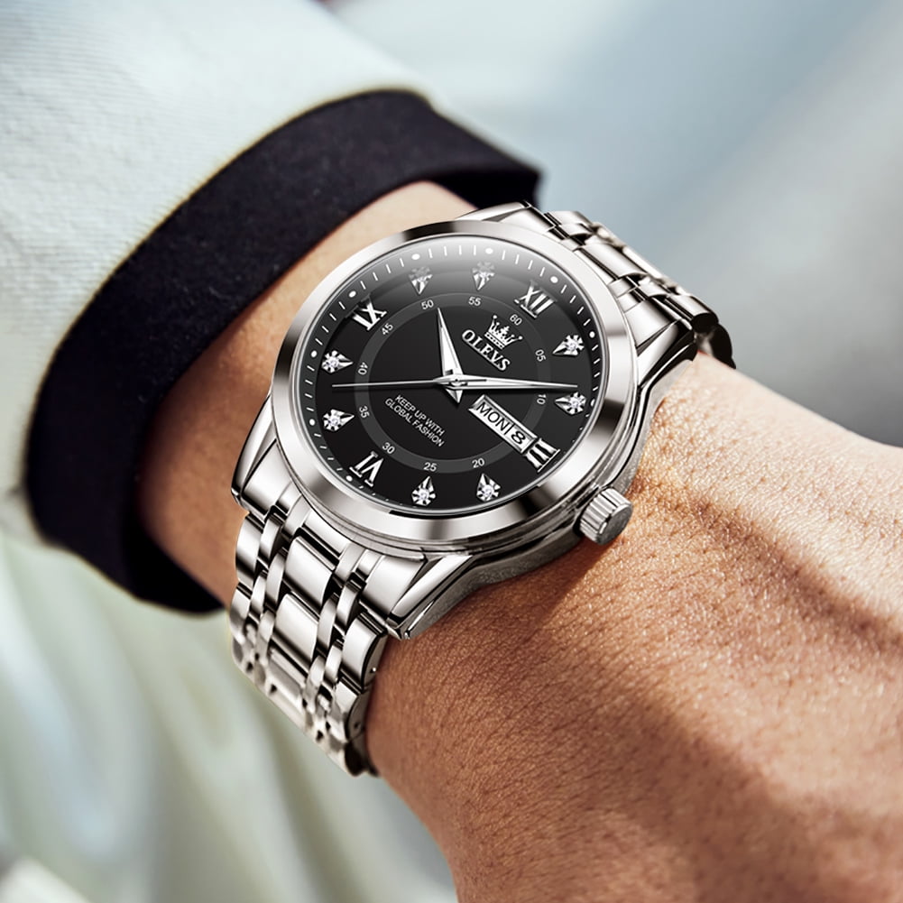 OLEVS Watches For Men Diamond Business Dress Luxury Casual Analog Quartz Stainless Steel Waterproof Luminous Date Men Wrist Watches Reloj Para Hombre Black Dial