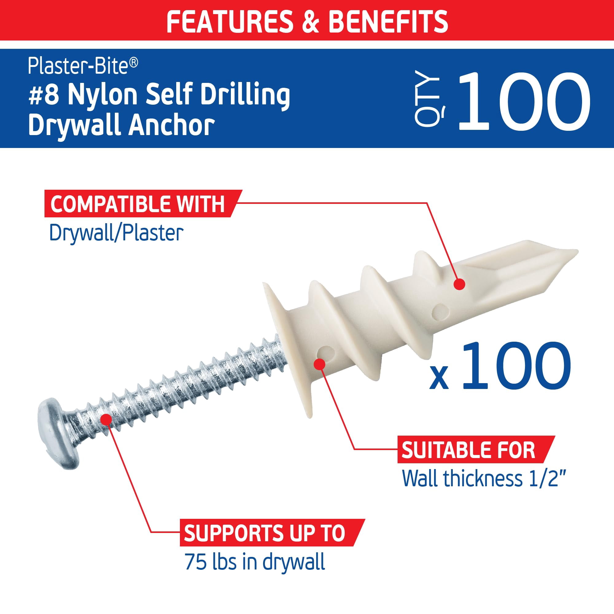 #8 Zinc Plaster Bite Self Drilling Drywall Anchors w/Screws (25 Anchors & 25 Screws) – Heavy Duty Zinc Hollow Wall Anchor Kit for 3/8", 1/2", 5/8" Drywall – 75 lbs Holding Strength