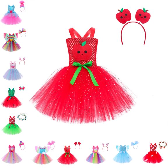 Bmisegm Girls Dresses Spaghetti Strap Apple Applique Bodice Layered Tutu Skirt Carnival Party Outfit with Headband Dress for Girls 2-3 Years