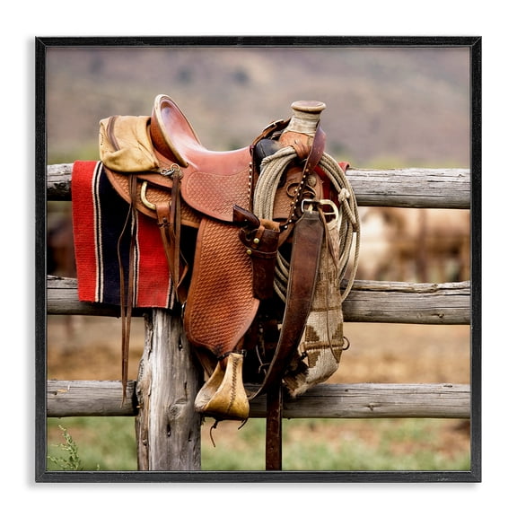 Stupell Industries Rustic Lodge Western Saddle on Fence Black Framed Giclee Art, 24 x 24, by Danita Delimont