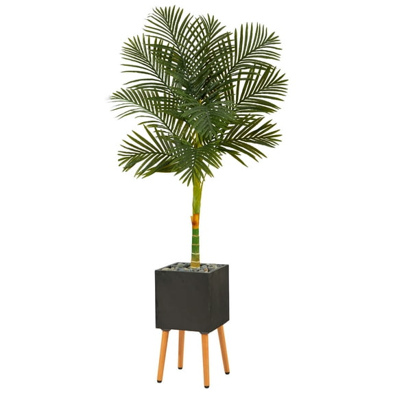 Nearly Natural 6' Golden Cane Artificial Palm Tree in Black Planter with Stand