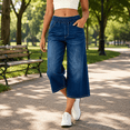 thumbnail image 2 of Cotton Pants Women Capri Jeans Wide Leg High Waisted Pull on Denim Pants Stretchy Loose Elastic Waist Pants with Pockets, 2 of 9