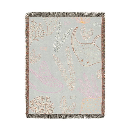 Coral Red and Blue Stingray Reef Woven Blanket 100% Cotton Coastal Style for Sofa or Bed