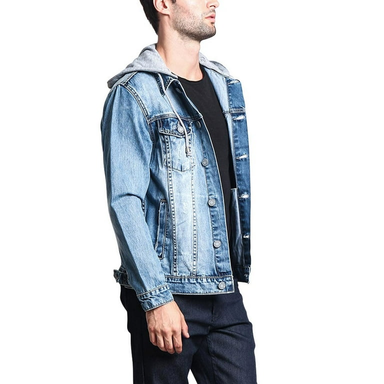 Victorious Men's Hoodie Layered Distressed Denim Jacket with Victorious Men's Hoodie Layered Distressed Denim Jacket with
