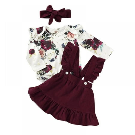 

Spdoo 3 Pcs Autumn Baby Girl Skirts Set Long Flare Sleeve Flower Pattern Romper+Strap Skirt+Headband Casual Outfits