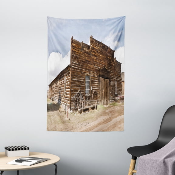 Barn Wood Wagon Wheel Tapestry, Abandoned Mercantile with Wagon Wheels Ghost Town, Wall Hanging for Bedroom Living Room Dorm Decor, 40W X 60L Inches, Brown Sand Brown Pale Blue, by Ambesonne