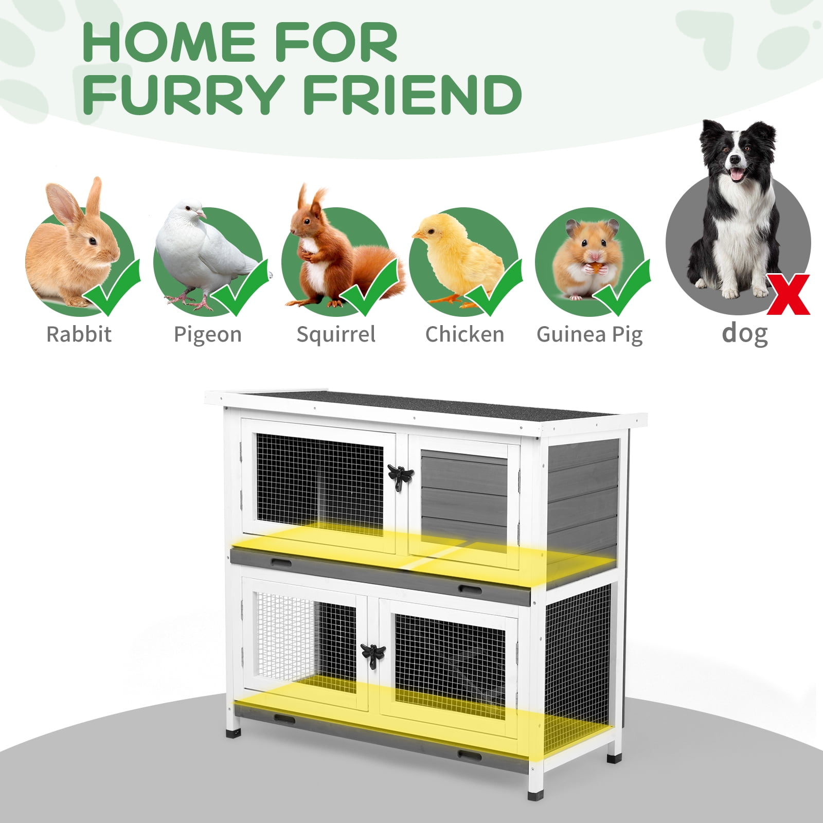 2 Story Solid Wood Rabbit Hutch Bunny Cage with 2 Large Main Rooms, Indoor Outdoor Rabbit House Guinea Pig Cage Pet House for Small Animals with 2 Removable Trays, Grey