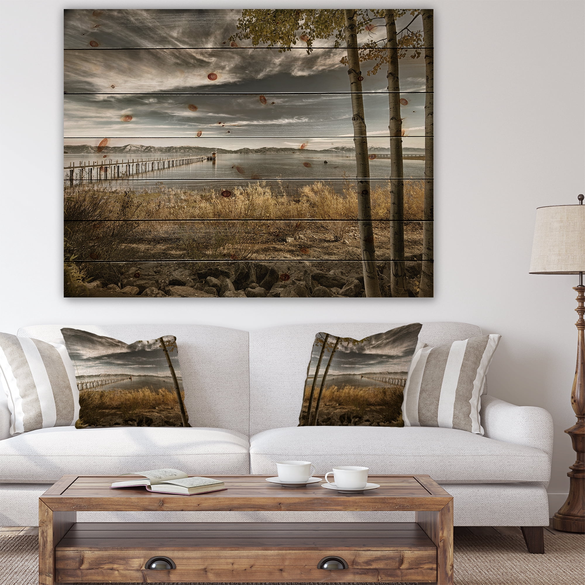 Designart 'Pier in Brown Lake' Landscape Photo Print on Natural Pine Wood