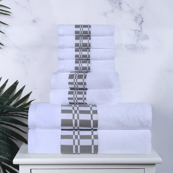 Geometric Border Assorted 8-Piece Cotton Luxury Bath Towel Set for Bathroom, 13" x 13”, 16” x 30”, 30” x 52”, White by Blue Nile Mills