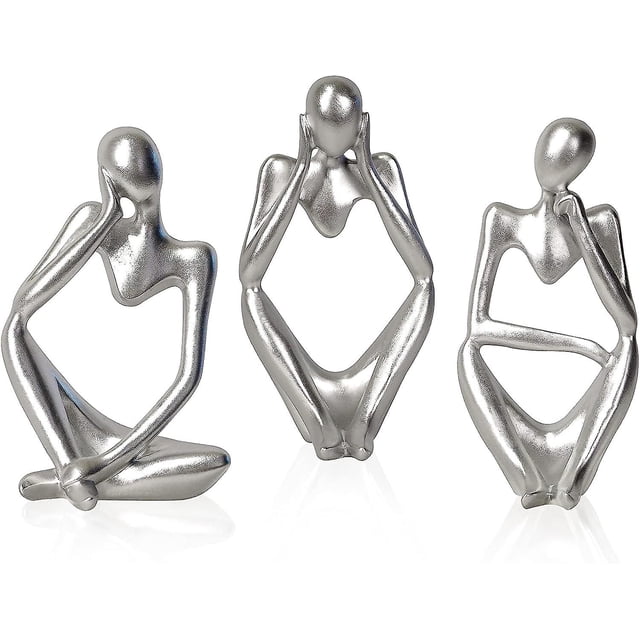 The Thinker Estatua Set Mini Estatua de Pensador Moderno para Estantería de Oficina en Casa 3 Piezas (Plata)