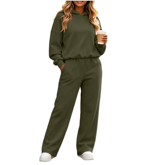 Inleife Women Solid 2 Piece Tracksuit, Long Sleeve Hooded Sweatshirt & High Waist Wide Leg Pants With Pockets, Casual Loungewear Outfit Set